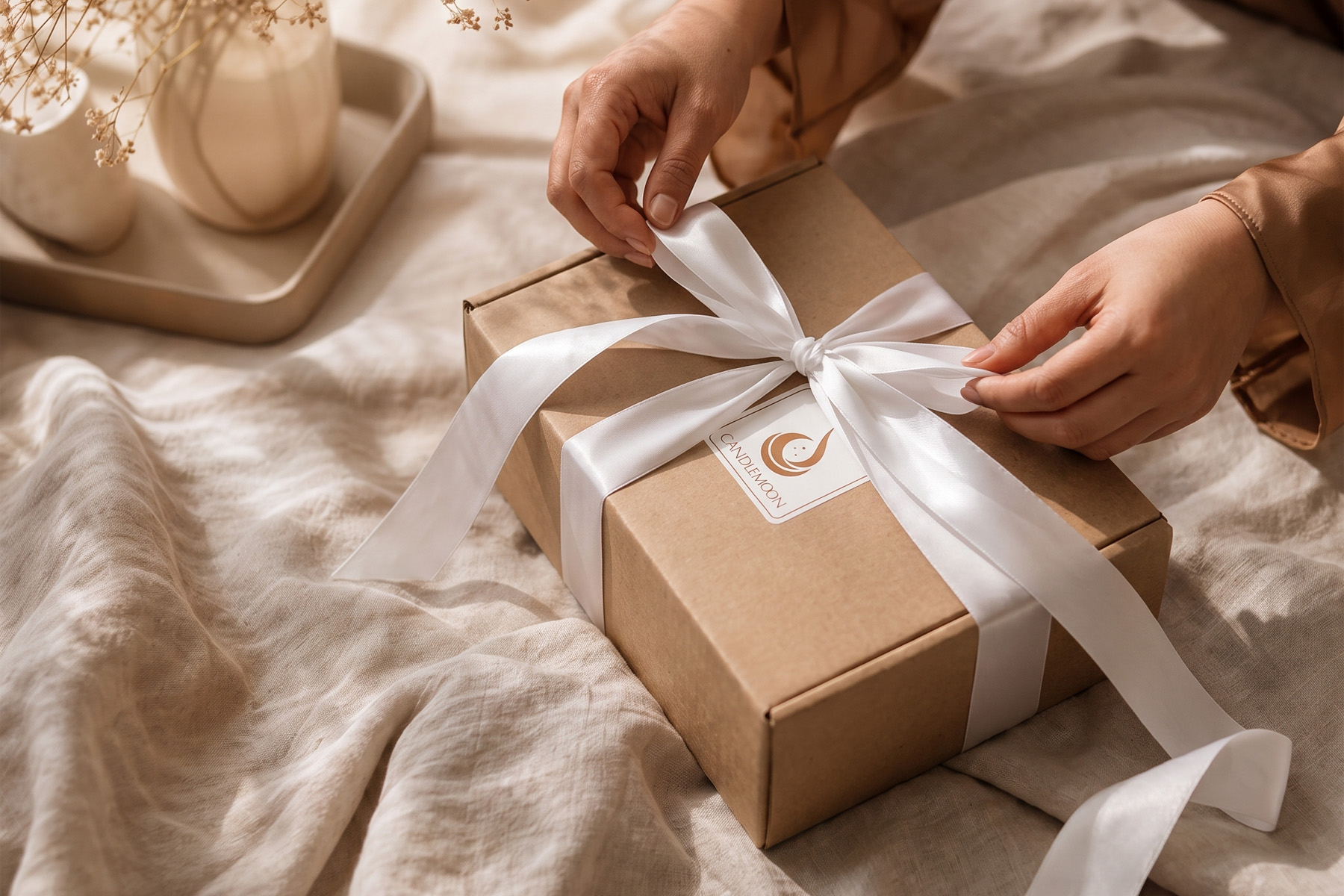 Wrapped Candlemoon gift being held on soft linen